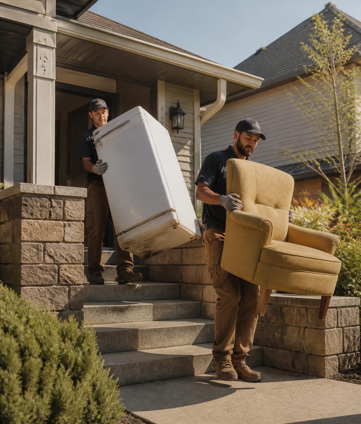 Two Junk Vanish crew members carrying an old fridge and armchair out of a home